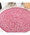 SANTA MONICA Area Rug Charleston Vintage Filigree Textured Weave Fuchsia/Light Gray 5' Round Indoor/Outdoor Area Rug
