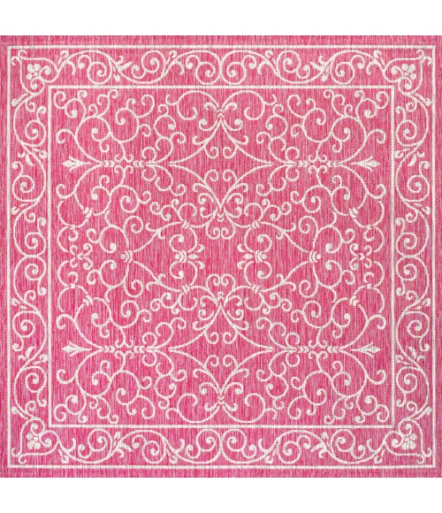 SANTA MONICA Area Rug Charleston Vintage Filigree Textured Weave Fuchsia/Light Gray 5' Square Indoor/Outdoor Area Rug