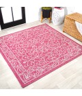 SANTA MONICA Area Rug Charleston Vintage Filigree Textured Weave Fuchsia/Light Gray 5' Square Indoor/Outdoor Area Rug