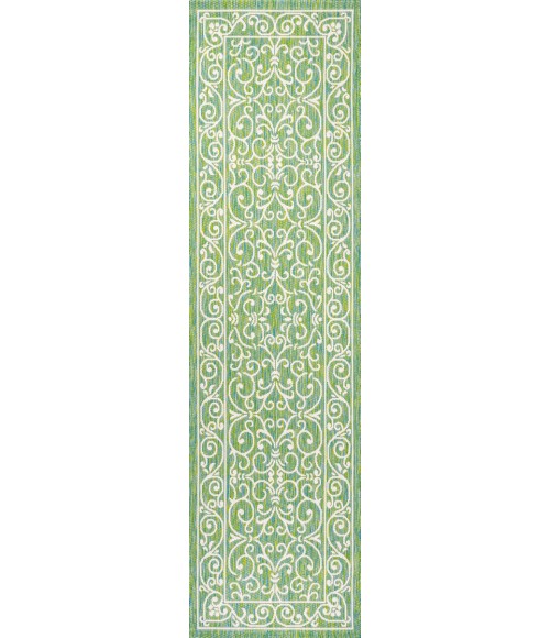 SANTA MONICA Area Rug Charleston Vintage Filigree Textured Weave Green/Ivory 2 ft. x 8 ft. Indoor/Outdoor Runner Rug