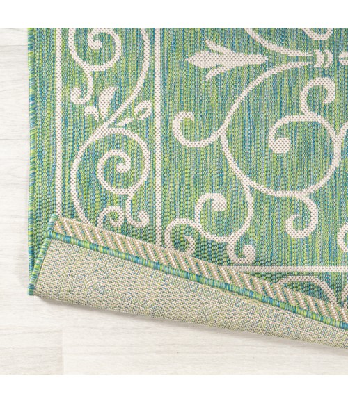 SANTA MONICA Area Rug Charleston Vintage Filigree Textured Weave Green/Ivory 5' Round Indoor/Outdoor Area Rug