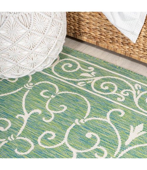 SANTA MONICA Area Rug Charleston Vintage Filigree Textured Weave Green/Ivory 5' Round Indoor/Outdoor Area Rug