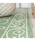 SANTA MONICA Area Rug Charleston Vintage Filigree Textured Weave Green/Ivory 5' Round Indoor/Outdoor Area Rug