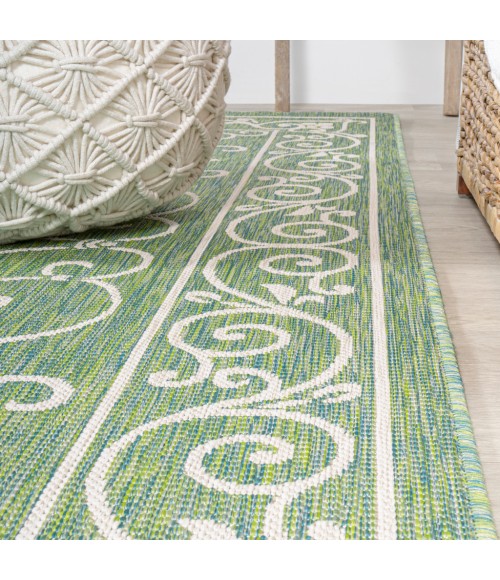 SANTA MONICA Area Rug Charleston Vintage Filigree Textured Weave Green/Ivory 5' Round Indoor/Outdoor Area Rug