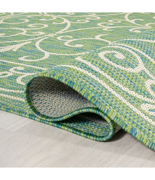 SANTA MONICA Area Rug Charleston Vintage Filigree Textured Weave Green/Ivory 5' Round Indoor/Outdoor Area Rug