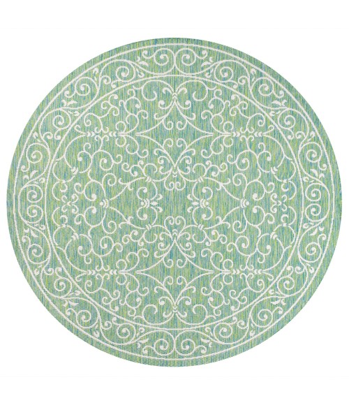 SANTA MONICA Area Rug Charleston Vintage Filigree Textured Weave Green/Ivory 5' Round Indoor/Outdoor Area Rug
