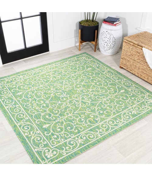 Charleston Vintage Filigree Textured Weave Green/Ivory 5' Square Indoor/Outdoor Area Rug