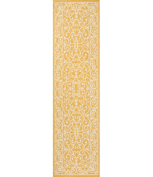 SANTA MONICA Area Rug Charleston Vintage Filigree Textured Weave Yellow/Cream 2 ft. x 10 ft. Indoor/Outdoor Runner Rug