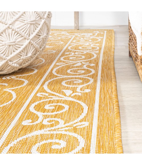 SANTA MONICA Area Rug Charleston Vintage Filigree Textured Weave Yellow/Cream 5' Square Indoor/Outdoor Area Rug