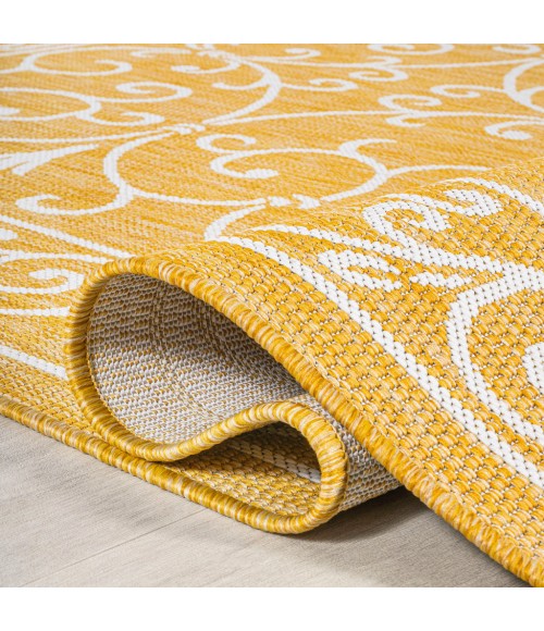 SANTA MONICA Area Rug Charleston Vintage Filigree Textured Weave Yellow/Cream 5' Square Indoor/Outdoor Area Rug