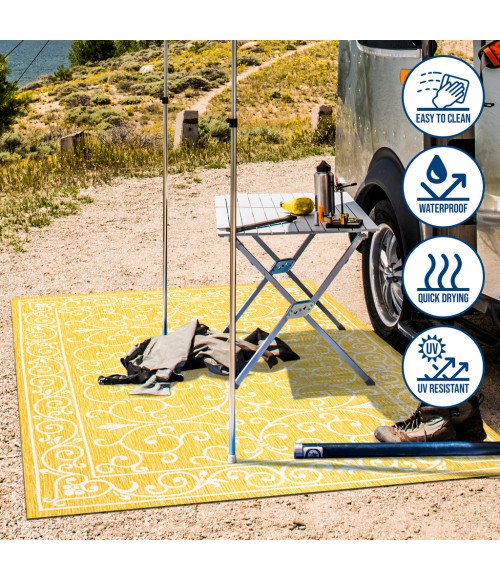 SANTA MONICA Area Rug Charleston Vintage Filigree Textured Weave Yellow/Cream 5' Square Indoor/Outdoor Area Rug