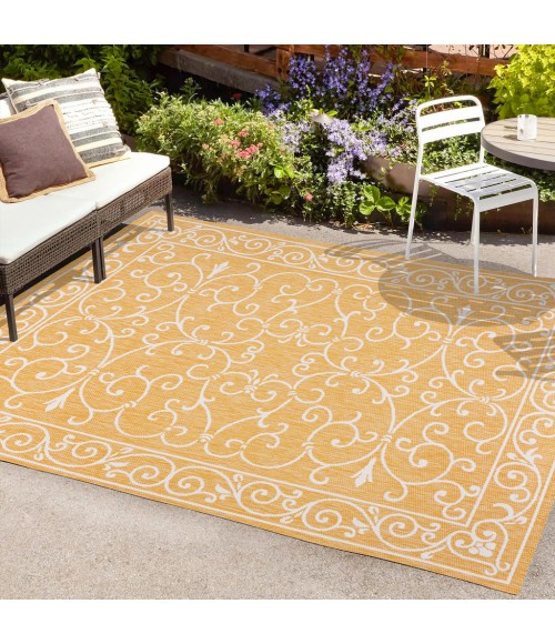 SANTA MONICA Area Rug Charleston Vintage Filigree Textured Weave Yellow/Cream 8 ft. x 10 ft. Indoor/Outdoor Area Rug
