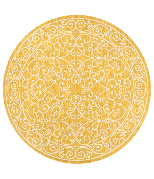 SANTA MONICA Area Rug Charleston Vintage Filigree Textured Weave Yellow/Cream 5' Round Indoor/Outdoor Area Rug