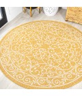 SANTA MONICA Area Rug Charleston Vintage Filigree Textured Weave Yellow/Cream 5' Round Indoor/Outdoor Area Rug