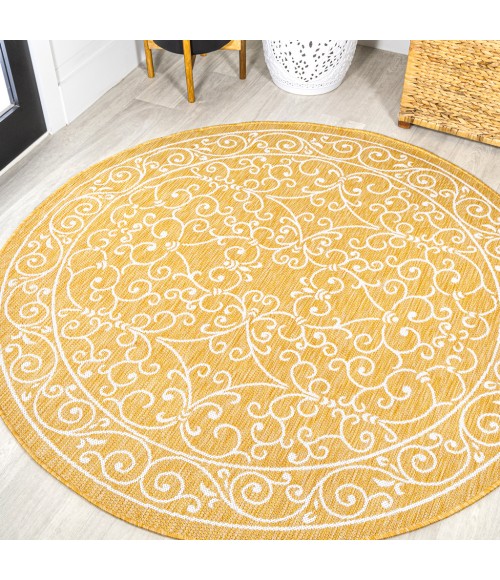 SANTA MONICA Area Rug Charleston Vintage Filigree Textured Weave Yellow/Cream 5' Round Indoor/Outdoor Area Rug