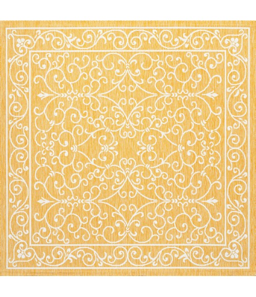 SANTA MONICA Area Rug Charleston Vintage Filigree Textured Weave Yellow/Cream 5' Square Indoor/Outdoor Area Rug