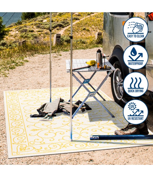 SANTA MONICA Area Rug Charleston Vintage Filigree Textured Weave Cream/Yellow 5' Square Indoor/Outdoor Area Rug