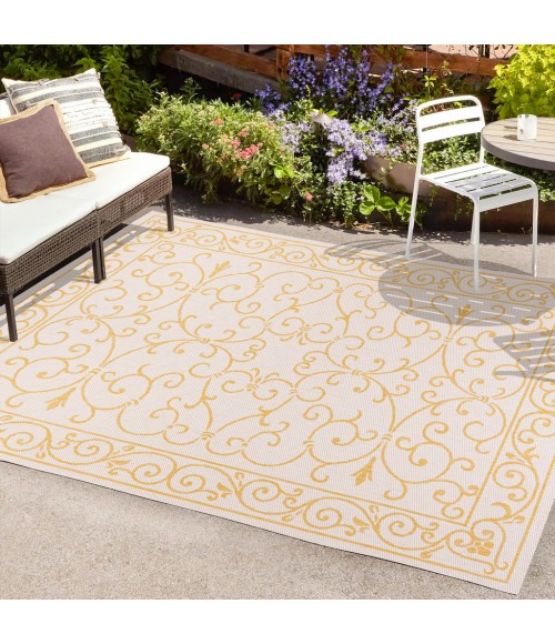 SANTA MONICA Area Rug Charleston Vintage Filigree Textured Weave Cream/Yellow 4 ft. x 6 ft. Indoor/Outdoor Area Rug