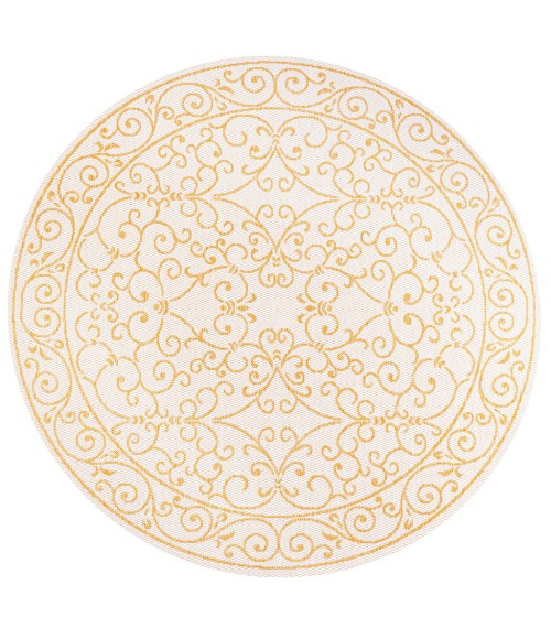 SANTA MONICA Area Rug Charleston Vintage Filigree Textured Weave Cream/Yellow 5' Round Indoor/Outdoor Area Rug