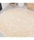 SANTA MONICA Area Rug Charleston Vintage Filigree Textured Weave Cream/Yellow 5' Round Indoor/Outdoor Area Rug