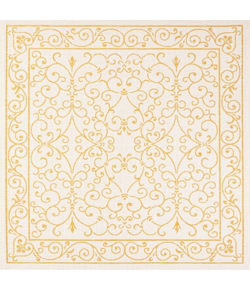 SANTA MONICA Area Rug Charleston Vintage Filigree Textured Weave Cream/Yellow 5' Square Indoor/Outdoor Area Rug