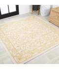 SANTA MONICA Area Rug Charleston Vintage Filigree Textured Weave Cream/Yellow 5' Square Indoor/Outdoor Area Rug