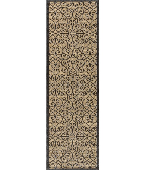SANTA MONICA Area Rug Madrid Vintage Filigree Textured Weave Black/Khaki 2 ft. x 10 ft. Indoor/Outdoor Runner Rug