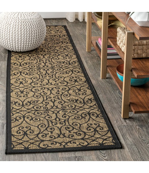 SANTA MONICA Area Rug Madrid Vintage Filigree Textured Weave Black/Khaki 2 ft. x 10 ft. Indoor/Outdoor Runner Rug
