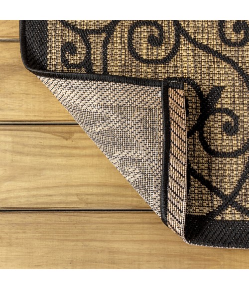 SANTA MONICA Area Rug Madrid Vintage Filigree Textured Weave Black/Khaki 5' Square Indoor/Outdoor Area Rug