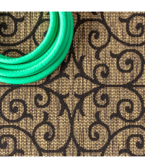 SANTA MONICA Area Rug Madrid Vintage Filigree Textured Weave Black/Khaki 5' Square Indoor/Outdoor Area Rug