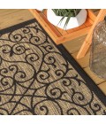 SANTA MONICA Area Rug Madrid Vintage Filigree Textured Weave Black/Khaki 5' Square Indoor/Outdoor Area Rug
