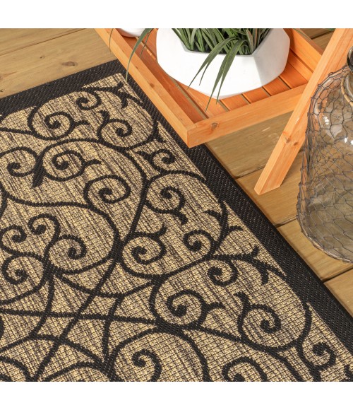 SANTA MONICA Area Rug Madrid Vintage Filigree Textured Weave Black/Khaki 5' Square Indoor/Outdoor Area Rug