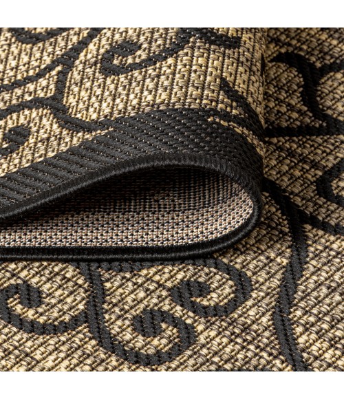 SANTA MONICA Area Rug Madrid Vintage Filigree Textured Weave Black/Khaki 5' Square Indoor/Outdoor Area Rug