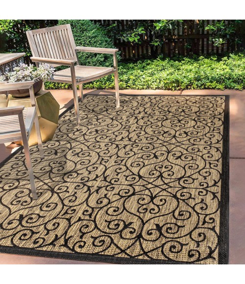 SANTA MONICA Area Rug Madrid Vintage Filigree Textured Weave Black/Khaki 9 ft. x 12 ft. Indoor/Outdoor Area Rug