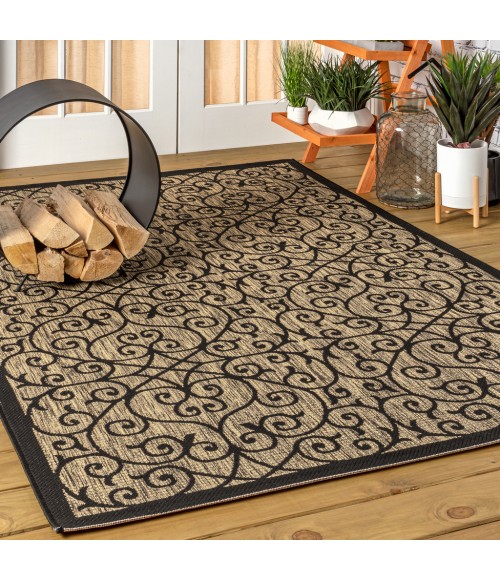 SANTA MONICA Area Rug Madrid Vintage Filigree Textured Weave Black/Khaki 9 ft. x 12 ft. Indoor/Outdoor Area Rug