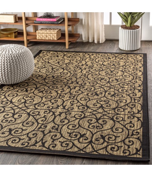 SANTA MONICA Area Rug Madrid Vintage Filigree Textured Weave Black/Khaki 9 ft. x 12 ft. Indoor/Outdoor Area Rug