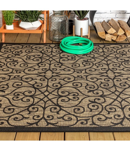 SANTA MONICA Area Rug Madrid Vintage Filigree Textured Weave Black/Khaki 9 ft. x 12 ft. Indoor/Outdoor Area Rug