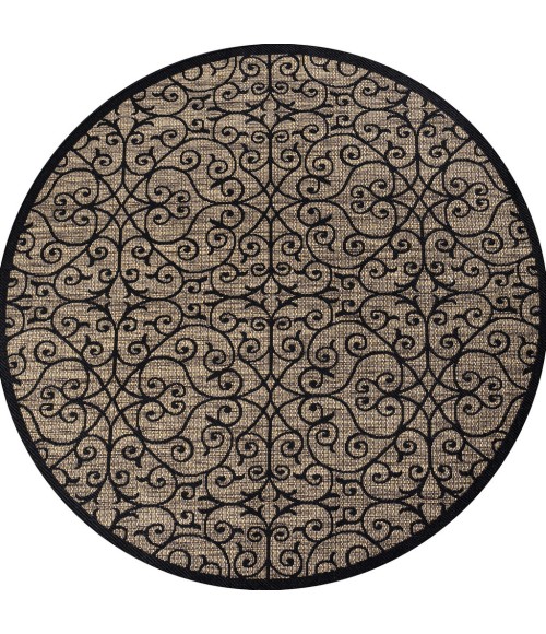 SANTA MONICA Area Rug Madrid Vintage Filigree Textured Weave Black/Khaki 6' Round Indoor/Outdoor Area Rug