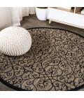 SANTA MONICA Area Rug Madrid Vintage Filigree Textured Weave Black/Khaki 6' Round Indoor/Outdoor Area Rug