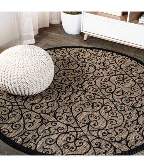 SANTA MONICA Area Rug Madrid Vintage Filigree Textured Weave Black/Khaki 6' Round Indoor/Outdoor Area Rug