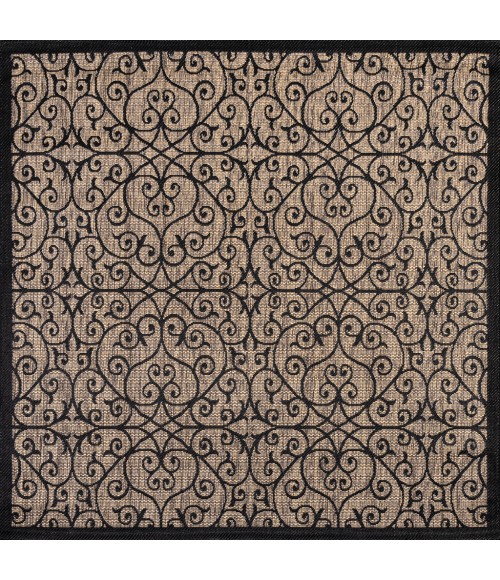 SANTA MONICA Area Rug Madrid Vintage Filigree Textured Weave Black/Khaki 5' Square Indoor/Outdoor Area Rug