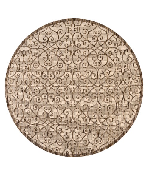 Madrid Vintage Filigree Textured Weave Beige/Brown 5' Round Indoor/Outdoor Area Rug