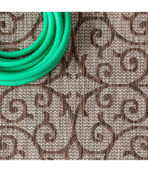 SANTA MONICA Area Rug Madrid Vintage Filigree Textured Weave Taupe/Espresso 3 ft. x 5 ft. Indoor/Outdoor Area Rug