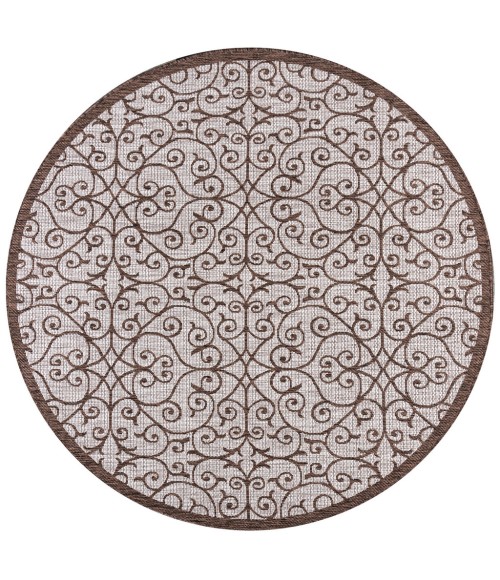 SANTA MONICA Area Rug Madrid Vintage Filigree Textured Weave Taupe/Espresso 5' Round Indoor/Outdoor Area Rug