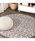 SANTA MONICA Area Rug Madrid Vintage Filigree Textured Weave Taupe/Espresso 5' Round Indoor/Outdoor Area Rug