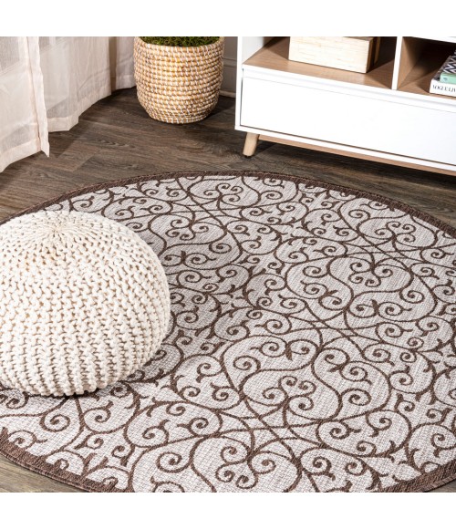 SANTA MONICA Area Rug Madrid Vintage Filigree Textured Weave Taupe/Espresso 5' Round Indoor/Outdoor Area Rug