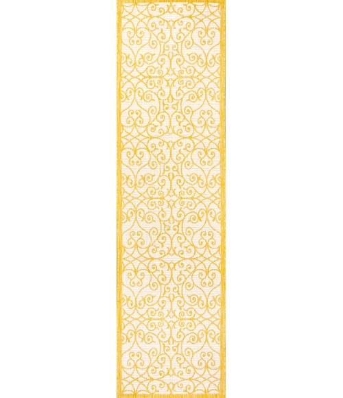 SANTA MONICA Area Rug Madrid Vintage Filigree Textured Weave Cream/Yellow 2 ft. x 10 ft. Indoor/Outdoor Runner Rug