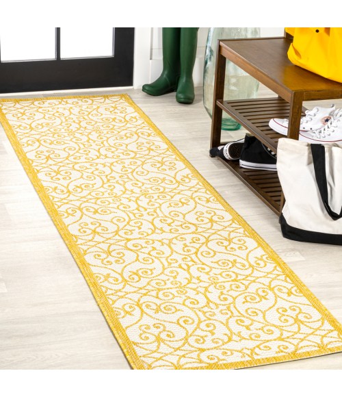 SANTA MONICA Area Rug Madrid Vintage Filigree Textured Weave Cream/Yellow 2 ft. x 10 ft. Indoor/Outdoor Runner Rug