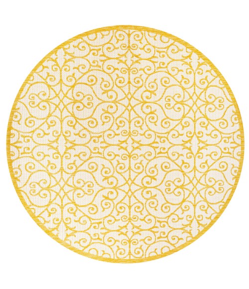 SANTA MONICA Area Rug Madrid Vintage Filigree Textured Weave Cream/Yellow 5' Round Indoor/Outdoor Area Rug
