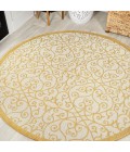 SANTA MONICA Area Rug Madrid Vintage Filigree Textured Weave Cream/Yellow 5' Round Indoor/Outdoor Area Rug